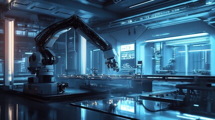 Poster - Robotic Arm Engaged in Delicate Assembly Tasks in Futuristic Lab
