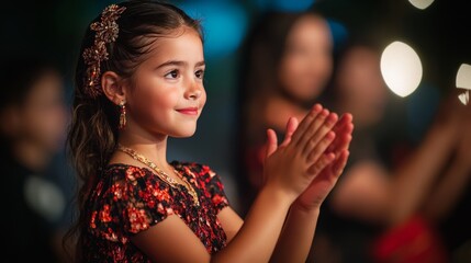 Wall Mural - Vibrant Flamenco Festival: Enthralling Candid of Young Girl Clapping to Live Music in Beautiful Dress