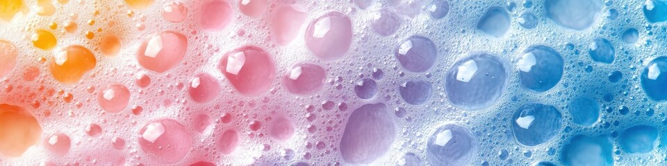 Poster - Macro View of Colorful Bubbles in Water with Pink and Blue Background Illustrating Fluidity and Texture in Captivating Detail