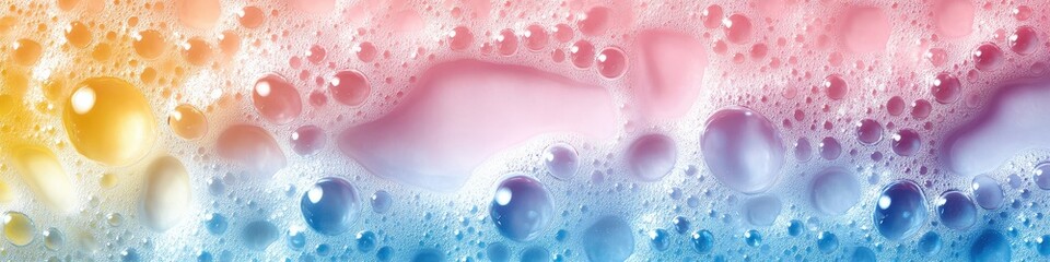 Poster - Macro View of Colorful Bubbles in Water on a Vibrant Pink and Blue Background for Creative and Artistic Applications