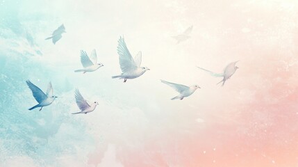Poster - Bright retro risograph style illustration of birds flying in soft pastel colors during a serene evening. Generative AI