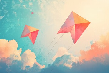 Aufkleber - Colorful kites soaring in a bright sky over fluffy clouds during a sunny afternoon in a retro risograph style. Generative AI