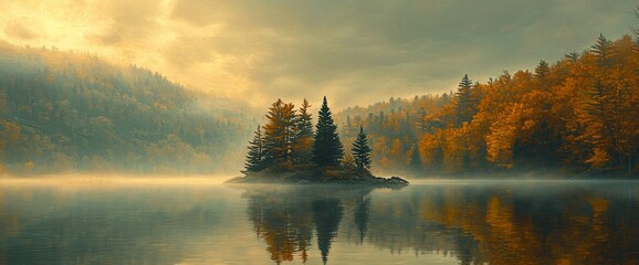 Poster - Misty autumn morning with island, lake, and golden trees reflected in calm water.