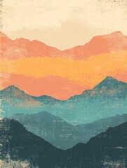 Poster - Retro risograph style landscape depicting colorful mountains at sunrise with soft pastel hues and textured background. Generative AI
