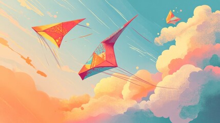 Aufkleber - Colorful kites soaring in a serene sky at dusk during a vibrant festival in a picturesque landscape. Generative AI