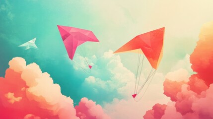 Poster - Colorful geometric kites soaring through a pastel sky surrounded by fluffy clouds at sunset. Generative AI