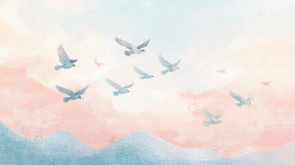 Aufkleber - Flying birds create a serene atmosphere in a retro risograph style depiction of a pastel sky and soft landscape. Generative AI
