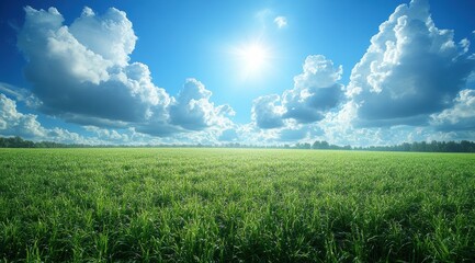 Wall Mural - A beautiful, lush green field with a clear blue sky