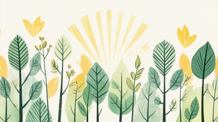 Poster - Playful doodle of vibrant foliage with rising sun and cheerful flowers creating a joyful atmosphere. Generative AI