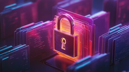 Poster - Secure Digital Protection of Documents in a Futuristic Environment with Neon Lock and Data Files Displayed in the Background