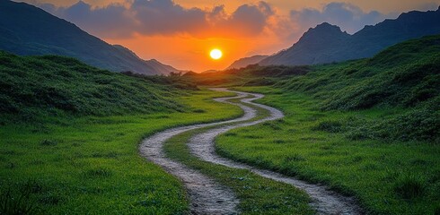 Wall Mural - A winding road in a grassy field with a sunset in the background