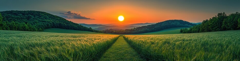 Wall Mural - A beautiful sunset over a green field with a path leading through it