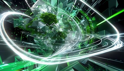 Poster - Abstract technology and green energy wave design with digital elements and space backdrop