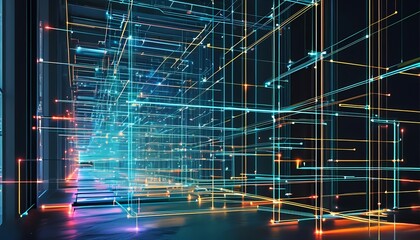 Fototapete - Futuristic digital abstraction with grid and light patterns representing cyberspace and technology