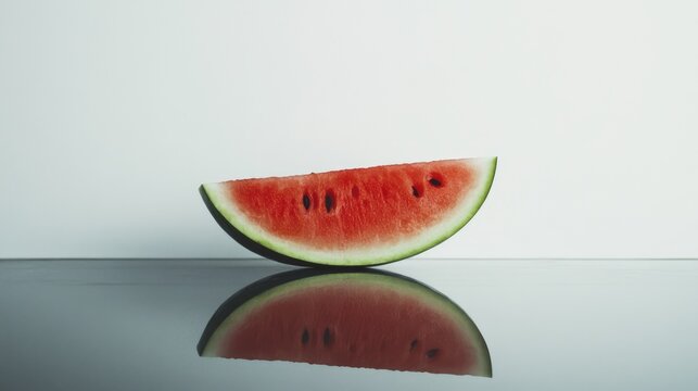 A minimalist shot of a wedge of watermelon leaning against a white wall on a reflective surface.