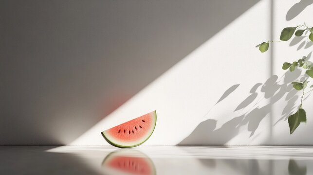 A minimalist shot of a wedge of watermelon leaning against a white wall on a reflective surface.