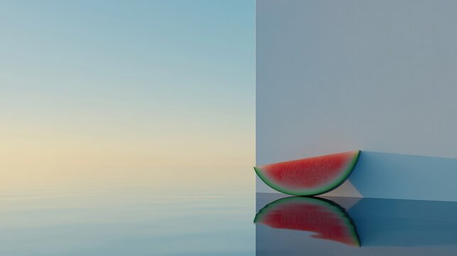 A minimalist shot of a wedge of watermelon leaning against a white wall on a reflective surface.