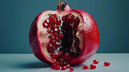 Wall Mural - Juicy halved pomegranate with seeds on a table.