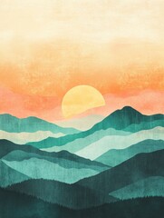 Aufkleber - Sunset over rolling hills with a retro risograph aesthetic capturing mountain tranquility and vibrant colors. Generative AI