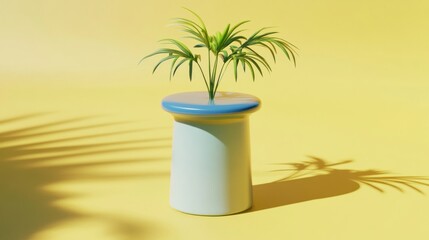 Canvas Print - Minimalist plant on pastel blue and white cylindrical pedestal against yellow background.