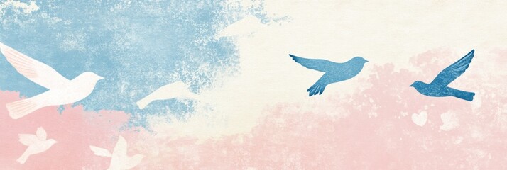 Poster - Colorful birds in flight against a soft pastel sky in retro risograph style. Generative AI