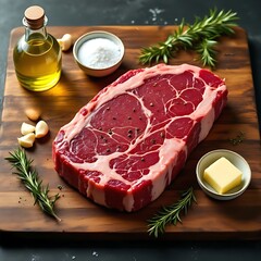 Wall Mural - Ingredients preparation for steak menu placed on wooden cutting board