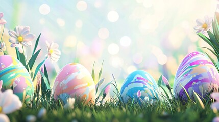  Colorful Easter Eggs in Spring Grass with Blossoms and Bright Background