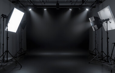 black studio background illuminated by white lighting sets stage for professional stock photography