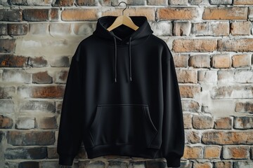 a black hoodie mockup hanging on a wooden hanger against a textured brick wall. the hoodie features 