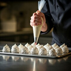 A chef hand piping white small swirled meringue arranged in the stainless tray on the kitchen table, food preparation