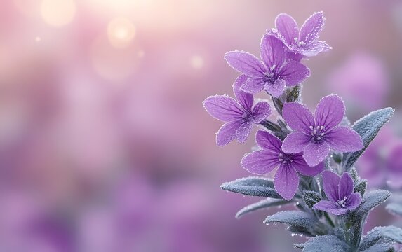 delicate purple flowers with morning dew.