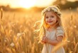 © Jittiwan - Portrait of a cute little girl in white dress and flower crown in head, she is holding a wheat flower in golden wheat field against sunset sky
