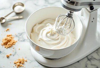 Wall Mural - Stand mixer for cake preparation surrounded by ingredient on marble table, food and dessert, kitchenware, utensils