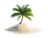 Lone desert island with a single palm tree growing on a sandy dune, tropical beach escape concept, isolated on white background
