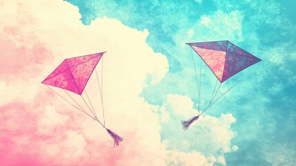 Poster - Brightly colored kites soaring through a pastel sky with fluffy clouds during a sunny afternoon in a retro style. Generative AI
