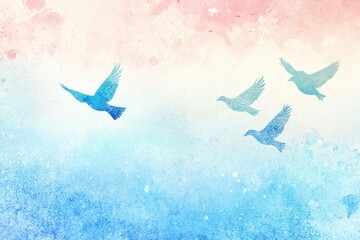 Aufkleber - Colorful birds flying against a soft pastel background in retro risograph style showcasing natures beauty. Generative AI