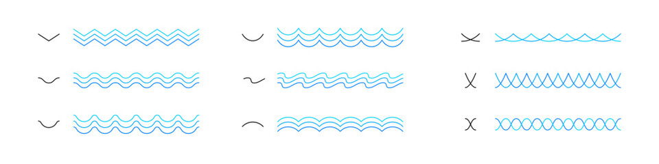 Wave line. Wavy icon vector set. Ocean isolated line set. Sea ripple seamless. Water wave icon