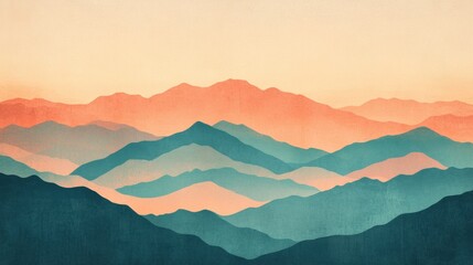 Aufkleber - Mountain landscape depicting soft hues of orange and blue, with layered peaks at dawn in a retro risograph style. Generative AI