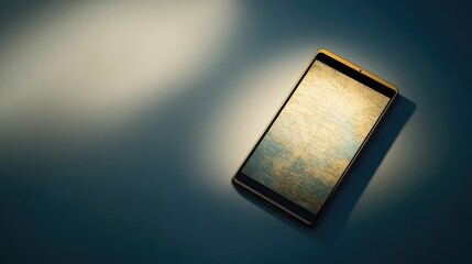A smartphone displaying a map, illuminated by soft light, suggesting navigation or exploration.