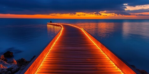 Poster - Serene Wooden Pier Pathway Illuminated by Warm Glow of LED Lights at Sunset Over Calm Waters for Tranquil Evening Scenery