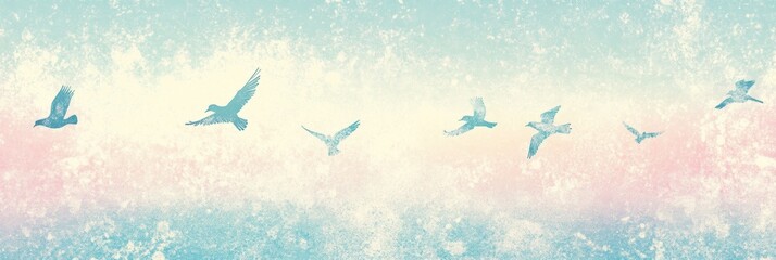 Poster - Colorful retro risograph style artwork depicting birds in flight across a soft pastel sky at dawn. Generative AI