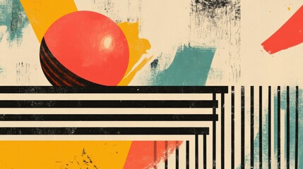 Fototapete - Retro risograph artwork featuring bold colors and geometric shapes with a prominent red sphere on striped background. Generative AI