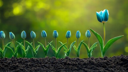 Vibrant Blue Tulips in Bloom Against a Soft Green Spring Background