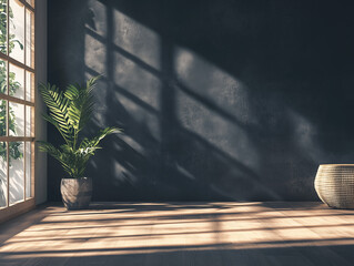 Poster - stock photo features a presentation background with a wooden floor, soft black wall, and a captivating glare from window, creating an inviting and professional atmosphere