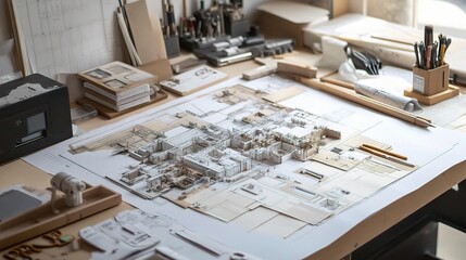 Poster - architectural design plans spread out with tools on work desk