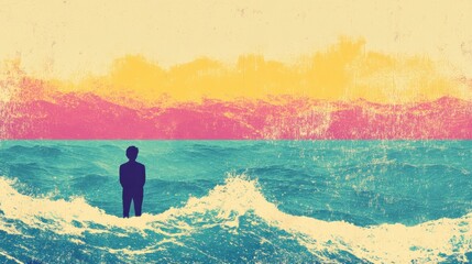 Poster - Man standing in waves at sunset with vibrant retro colors illuminating the ocean and mountains. Generative AI