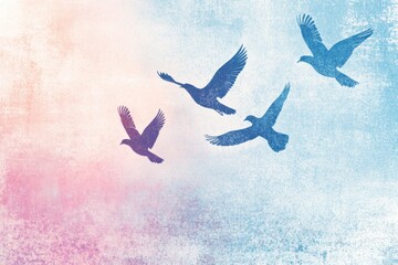 Poster - Colorful retro risograph design featuring flying birds against a pastel sky at sunrise. Generative AI