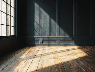 Poster - stock photo features a presentation background with a wooden floor, soft black wall, and a captivating glare from window, creating an inviting and professional atmosphere