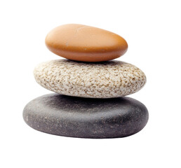 Stack of three smooth stones in brown, white, and gray, natural balance concept for meditation, spa, or relaxation themes isolated on transparent background