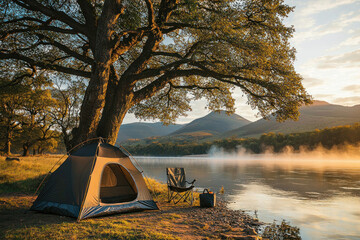 lakeside tent camping at sunrise with misty mountains